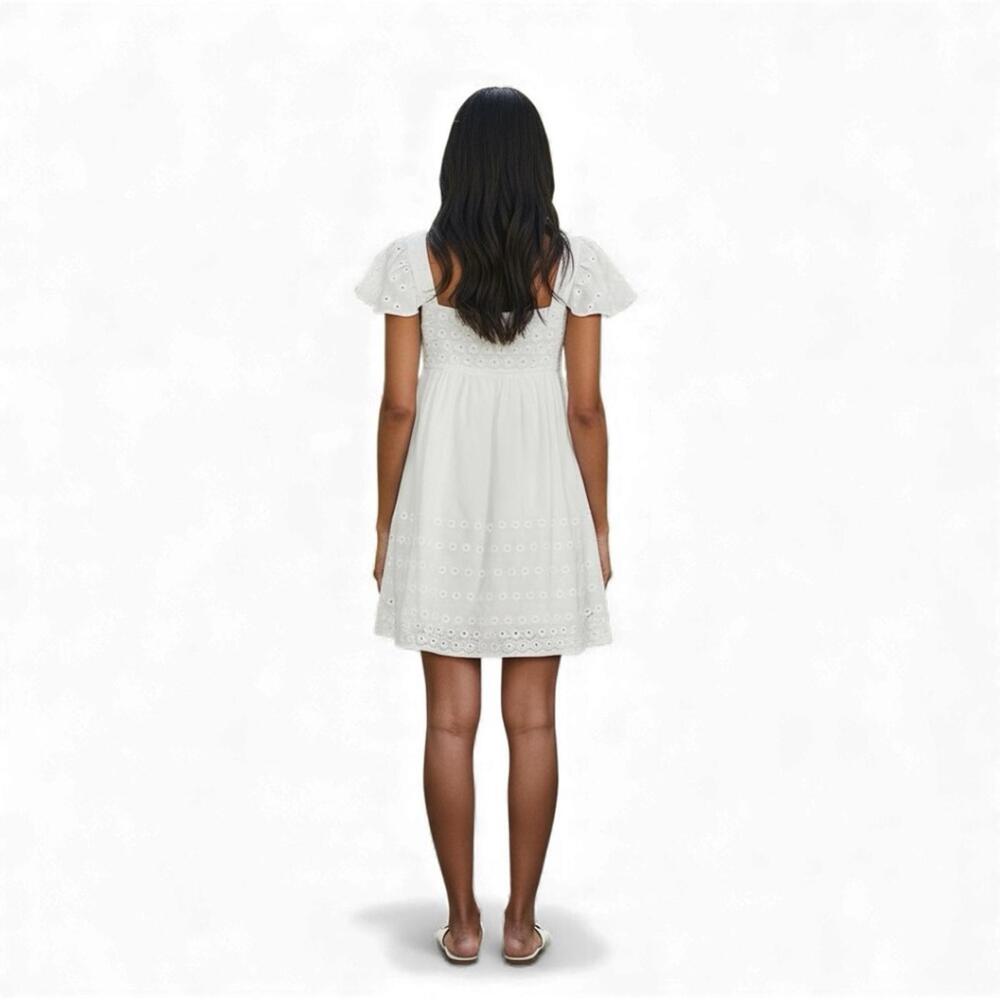 NWT CAARA White Eyelet Mini Dress A-Line Flutter Sleeve M Coquette Cottagecore - Picture 2 of 9